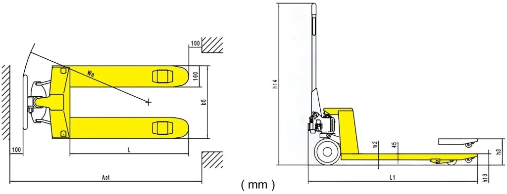 Wymiary ręcznego wózka paletowego RPV2500CT/RPV3000CT 2500–3000 kg