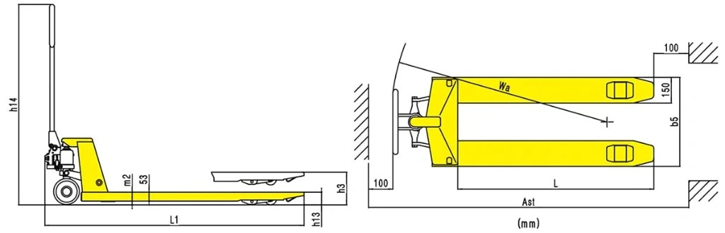 Wymiary ekonomicznego ręcznego wózka paletowego RPV2000E 2000 kg