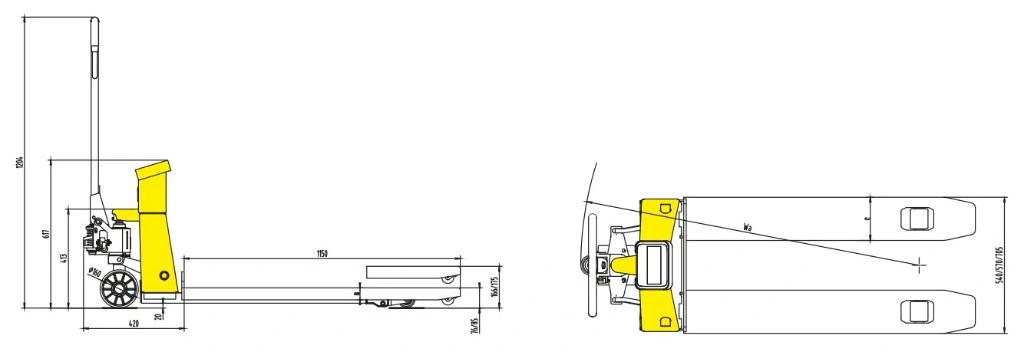 Wymiary wózka paletowego z wagą RPVV2500 2500 kg