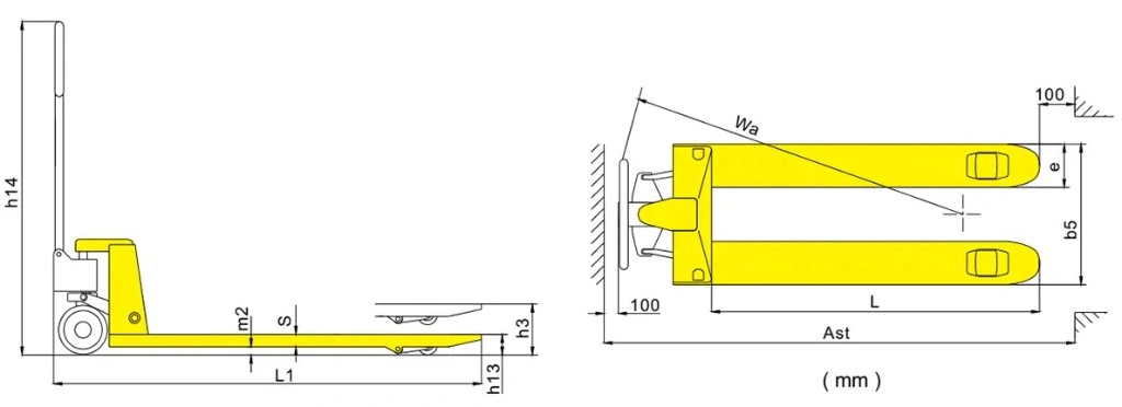 Wymiary ręcznego wózka paletowego RPV2500STD/RPV3000STD 2500–3000 kg