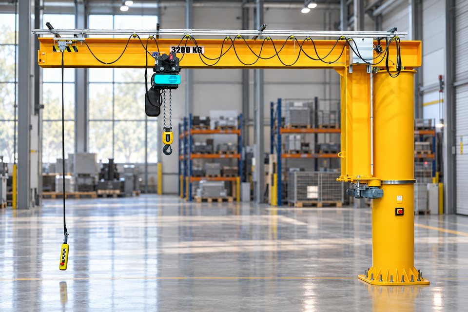 Pełnoobrotowy żuraw słupowy Comege RSD z elektrycznym wciągnikiem łańcuchowym w hali przemysłowej